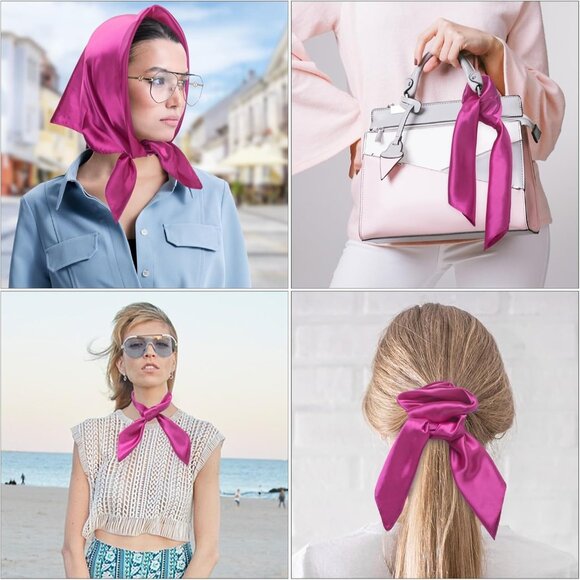 Women's Rose Red Silk Feeling Scarf 23.6'' Square Satin Scarf Neck Head Bandana - Picture 7 of 7